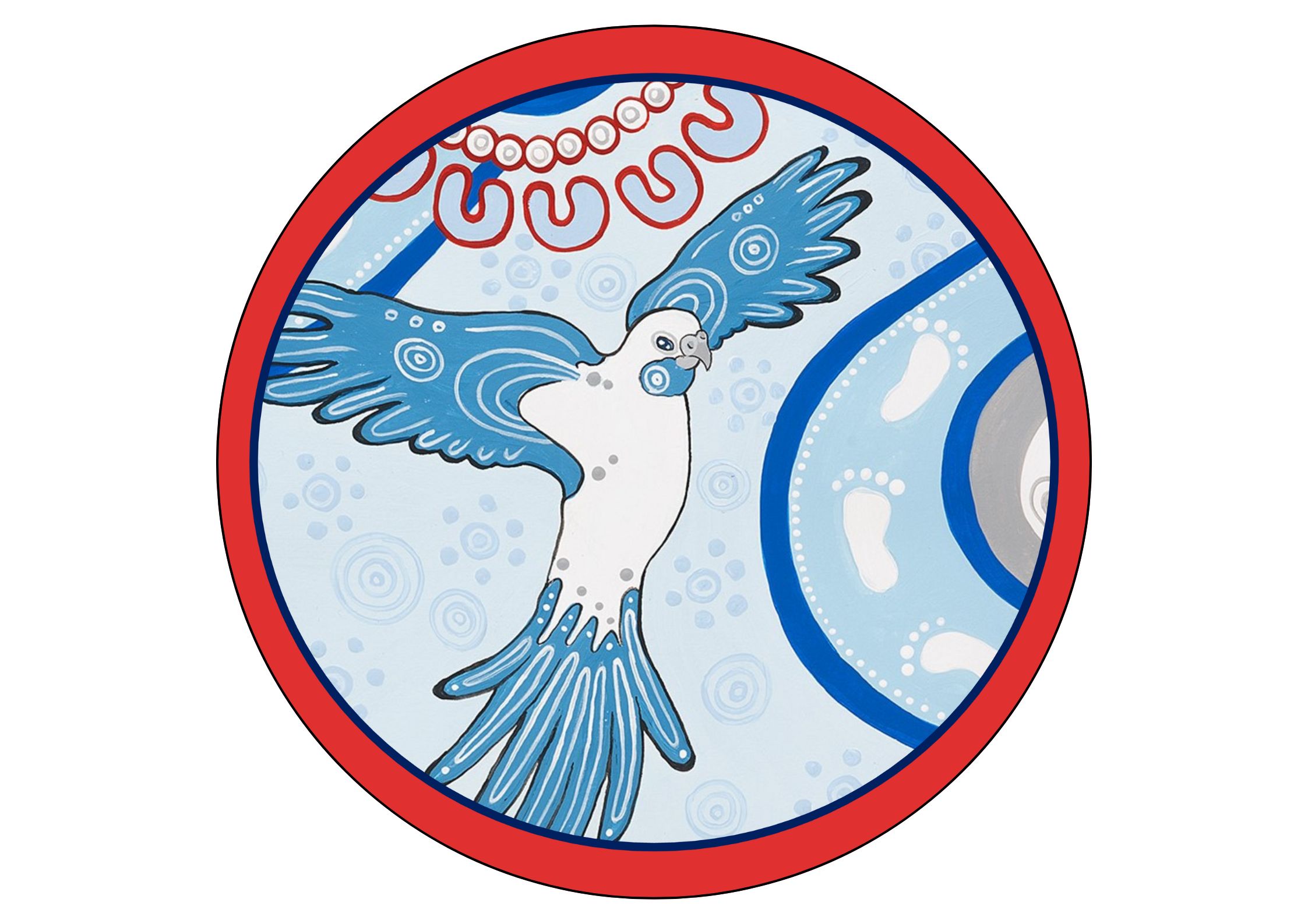 A painting of a rosella surrounded by a red circle.