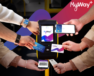 An image from Transport Canberra showing the different ways to travel with the new MyWay+ system (MyWay+ card, paper ticket, MyWay+ pass, Visa or Mastercard)