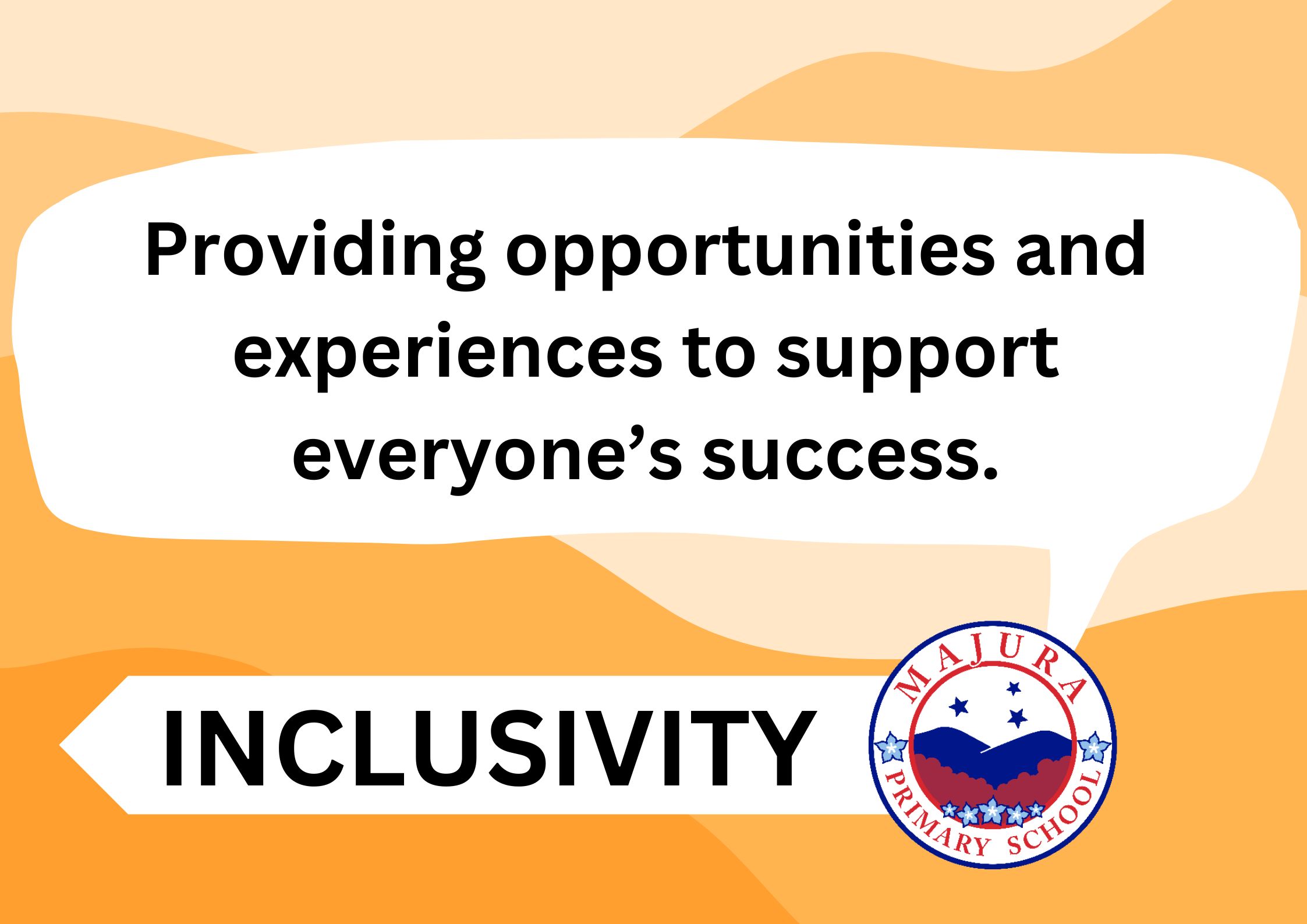 Next to the Majura Primary logo is the word 'Inclusivity'. Above this is a speech bubble that reads 'Providing opportunities and experiences to support everyone's success'.