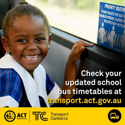 A primary aged girl in school uniform on a bus. Caption reads 'check your updated school bus timetables at transport.act.gov.au