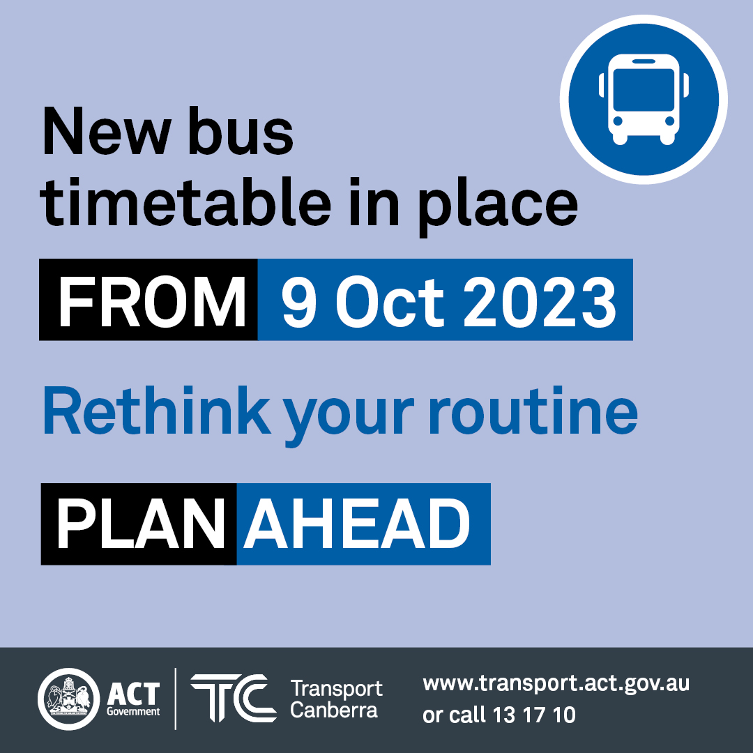 Blue and white infographic. Picture reads 'New bus timetable in place from 9 Oct 2023. Rethink your routine. Plan Ahead.