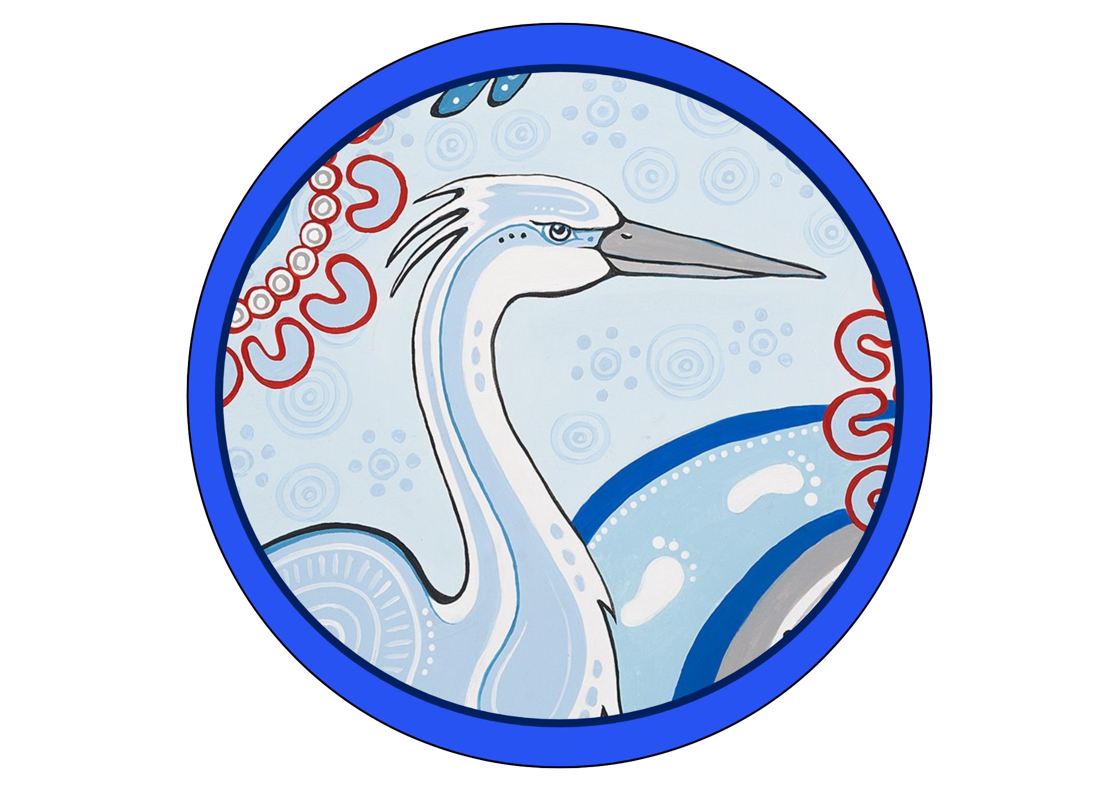 An painting of a blue crane surrounded by a blue circle.
