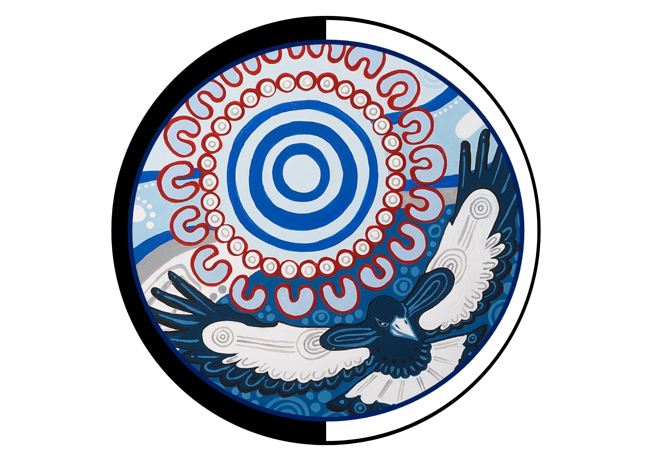 A painting of a magpie surrounded by a black and white circle.